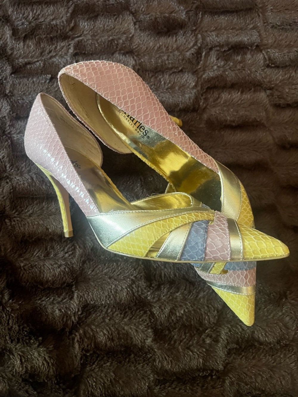 Multicolor Pointed-Toe Stiletto Heels - Pink, Yellow, Silver